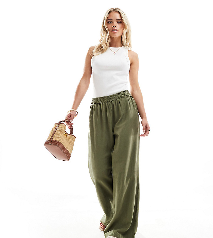 Pieces Petite linen touch wide leg trousers in khaki-Green