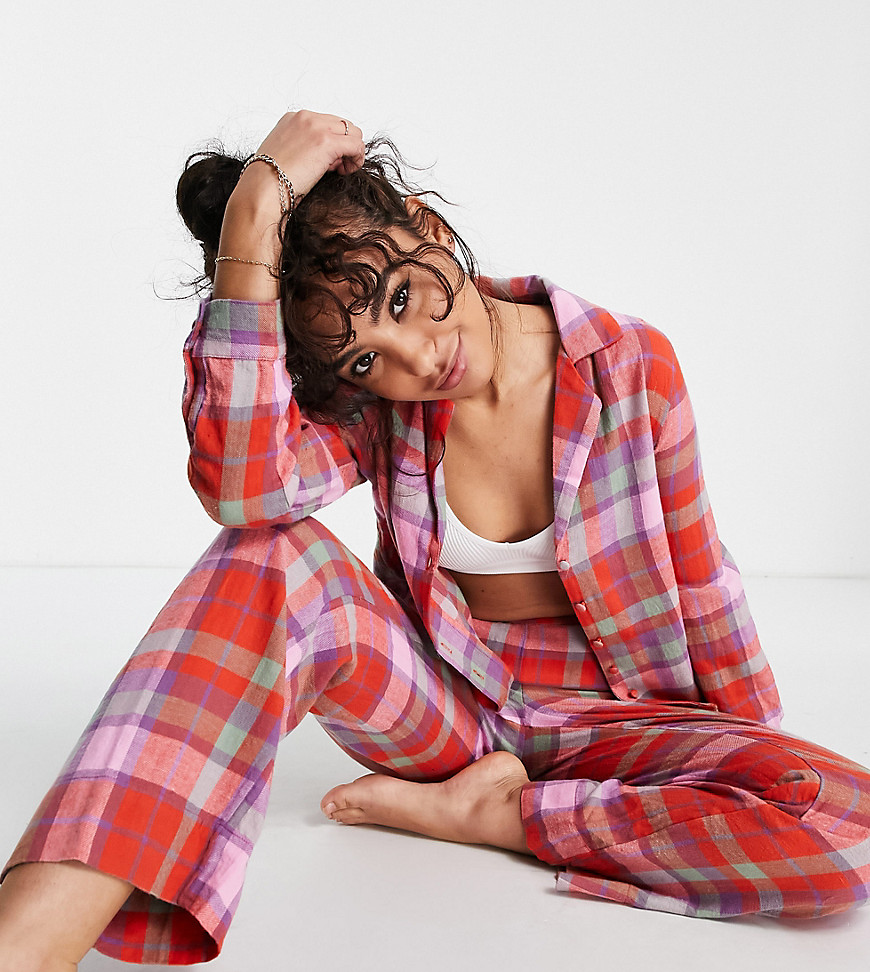 Pieces Petite long sleeve pajama set in pink & red check-Multi