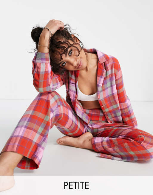 Pieces Petite long sleeve pyjama set in pink & red check