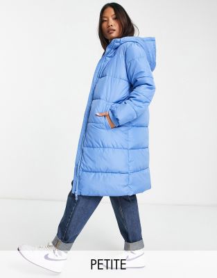 longline padded coat with hood in ice blue