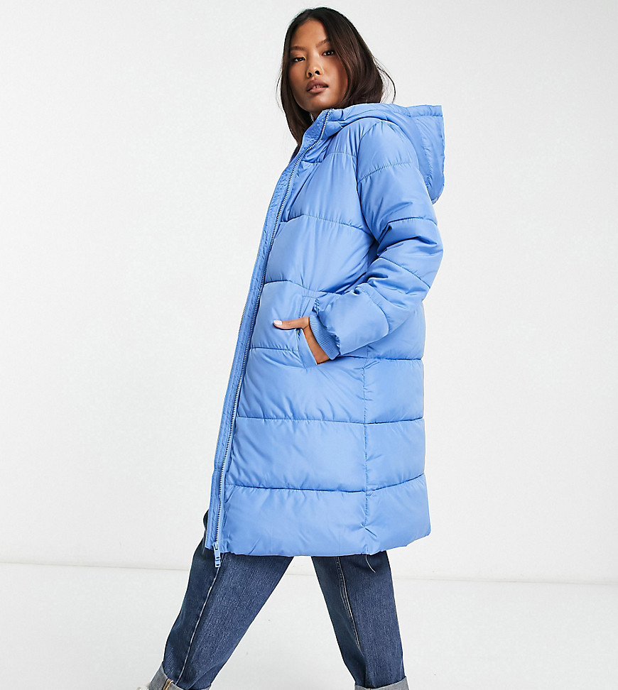 Pieces Petite longline padded coat with hood in ice blue