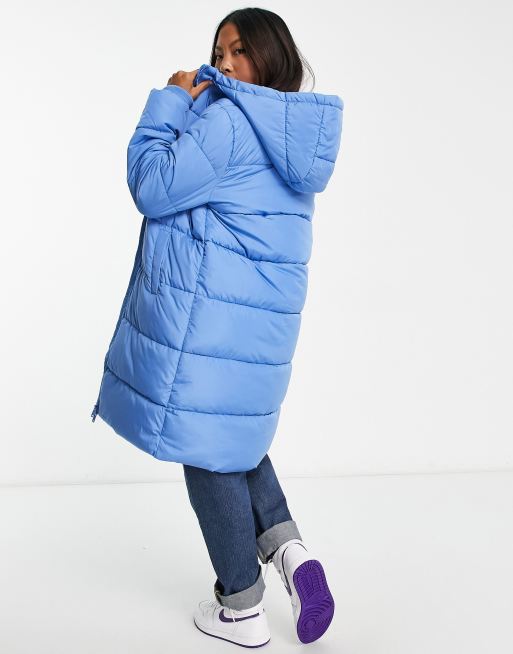 Pieces Petite longline padded coat with hood in ice blue