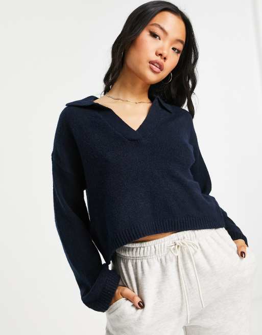Pieces Petite - Maglione in lana con scollo a V blu scuro in coordinato, 2 di 4
