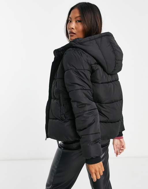 Pieces Petite padded jacket with hood in black