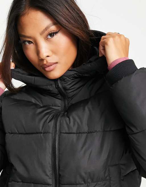 Pieces Petite padded jacket with hood in black ASOS