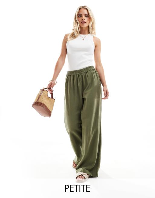 Pieces Petite - Pantaloni a fondo ampio kaki in misto lino