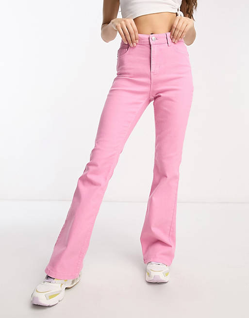 Pieces Petite Peggy flared jeans in pink