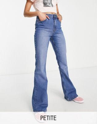 Pieces Petite Peggy high waisted flared jeans in mid blue denim