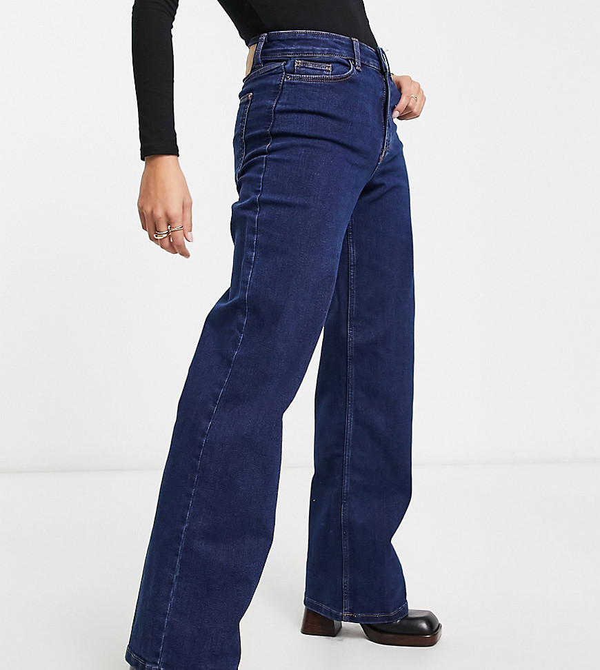 Pieces Petite Peggy high waisted wide leg jeans in dark blue