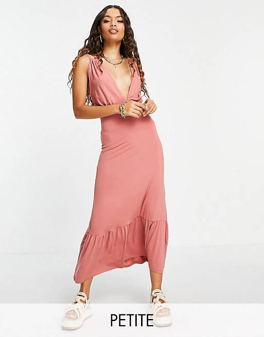 Pieces Petite plunge neck maxi dress in pink