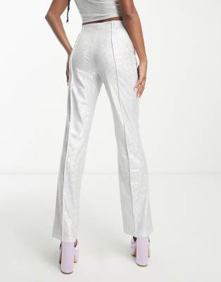 Pieces Petite Premium Exclusive Holographic Straight Leg Pants In Silver