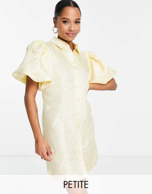 Pieces Petite Premium textured puff sleeve mini dress in lemon