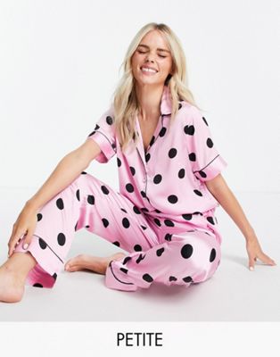 Pyjamas Pieces Petite - Pyjama chemise en satin à pois - Rose