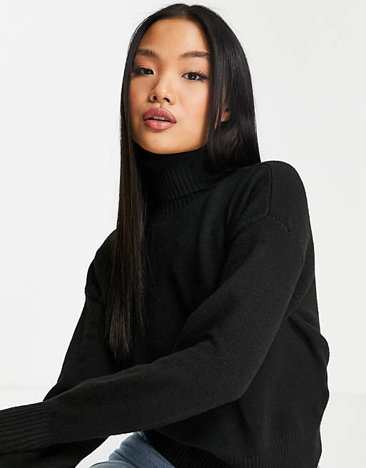 Women Pieces Petite recycled polyester blend roll neck jumper in black 