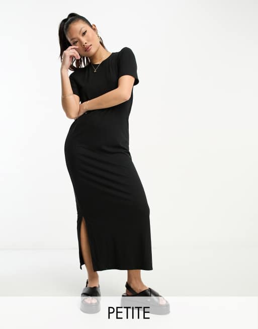 Pieces Petite ribbed maxi t shirt dress in black