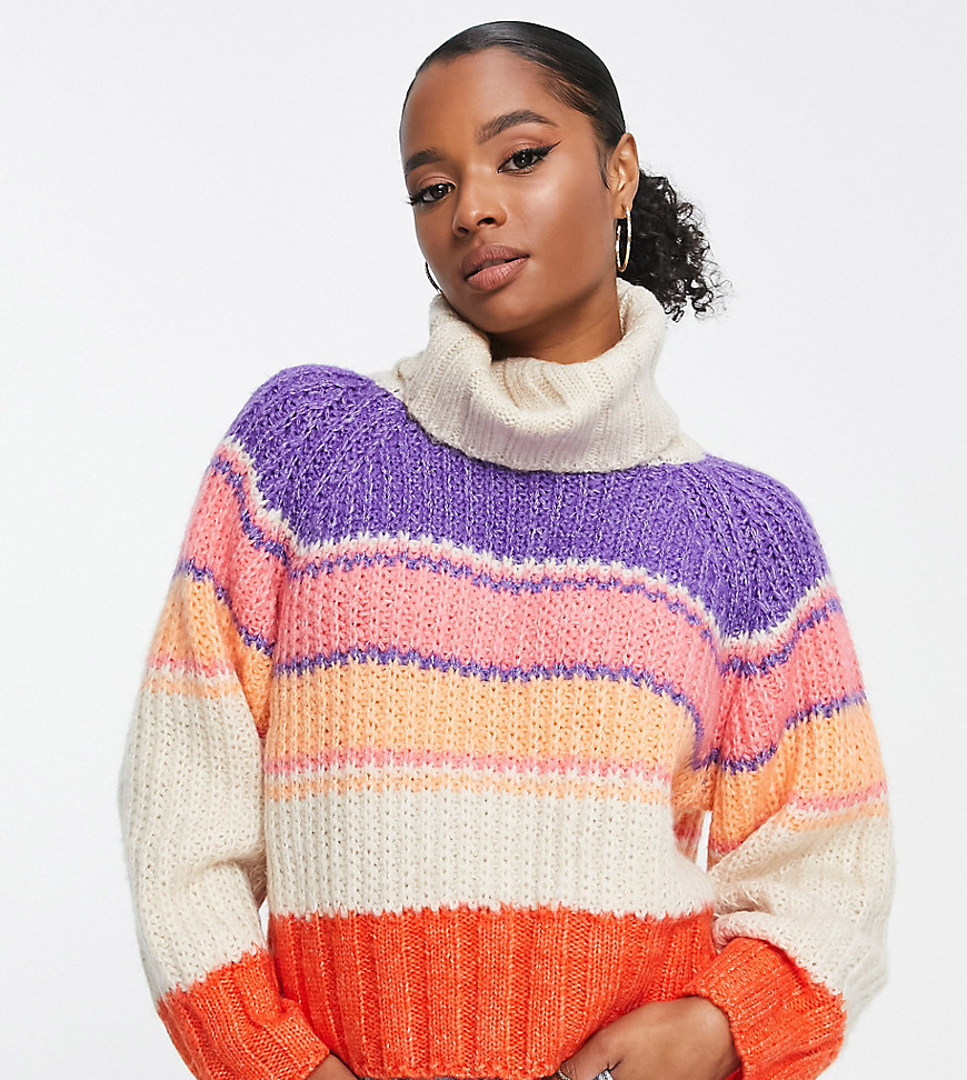 Pieces Petite Ribbed Roll Neck Sweater In Pastel Color Block-multi