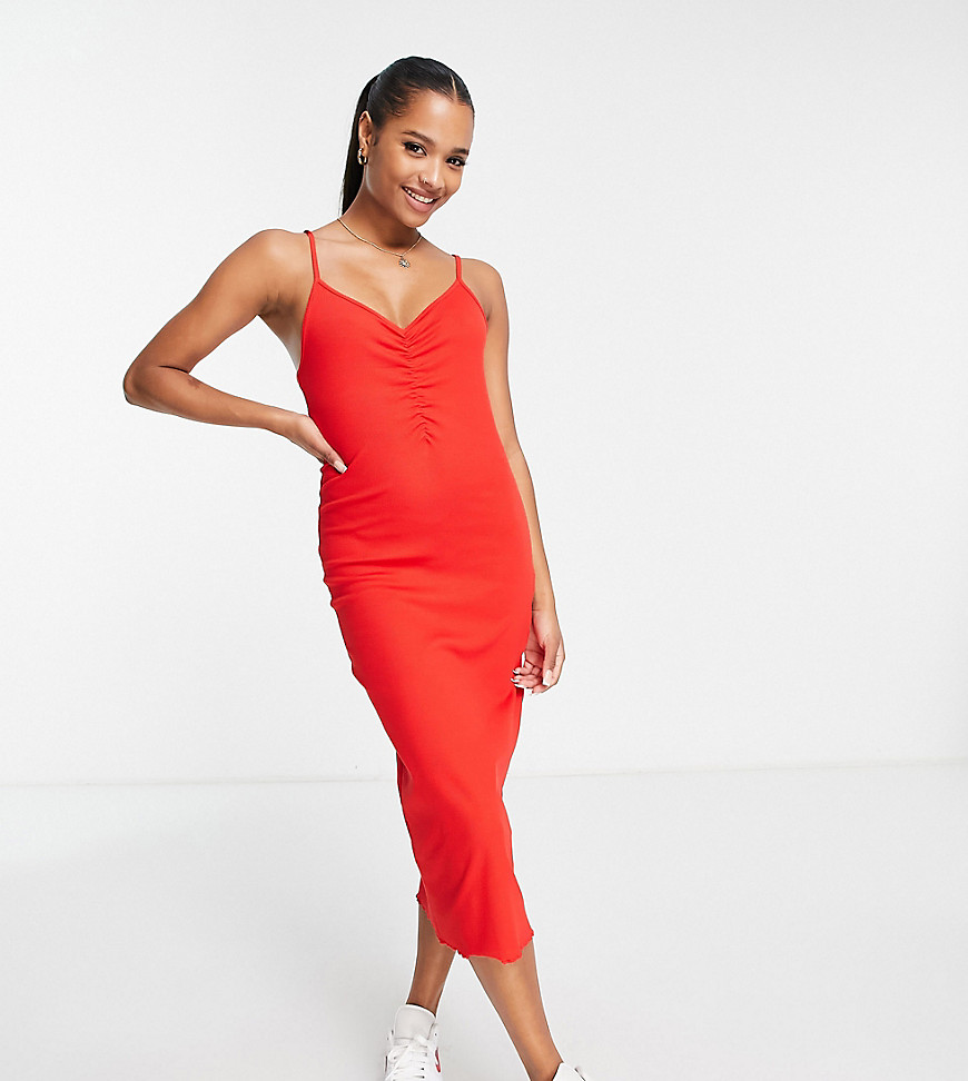 ruched front strappy midi dress in red