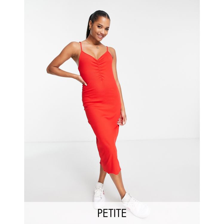 Pieces Petite ruched front strappy midi dress in red