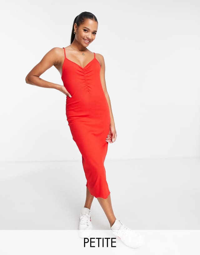 Pieces Petite ruched front strappy midi dress in red