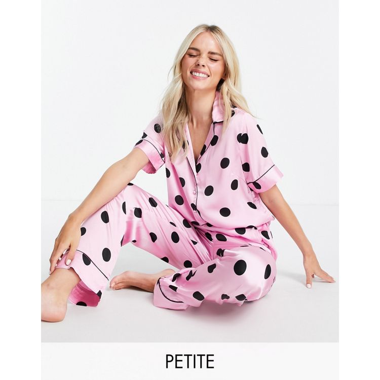 Grianlook Women Silk Pajama Set Nightwear Pj Set Polka Dot Shirt