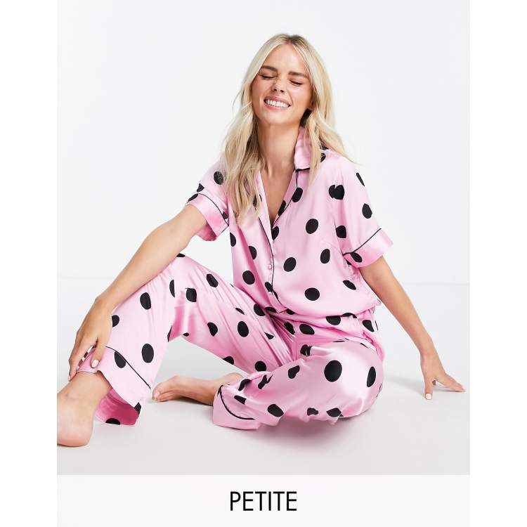 Grianlook Women Silk Pajama Set Nightwear Pj Set Polka Dot Shirt