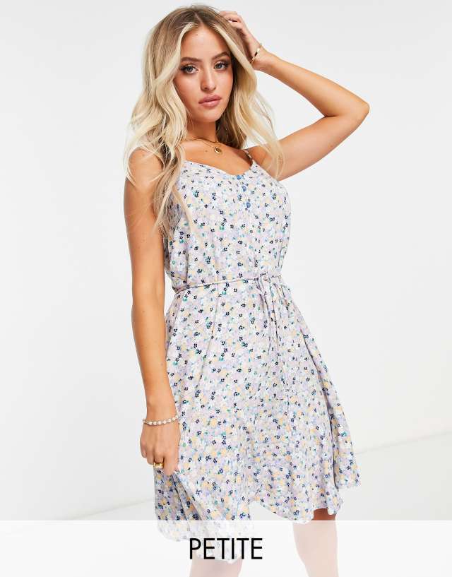 Pieces Petite tie waist mini tea dress in blue ditsy