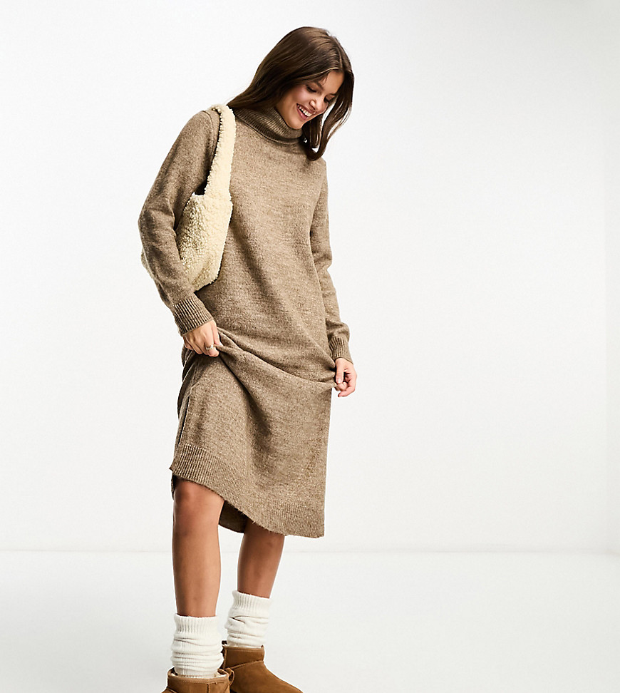 Pieces Petite Turtle Neck Maxi Sweater Dress In Camel-neutral