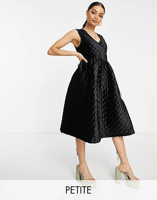 Pieces Petite velour quilted midi dress in black