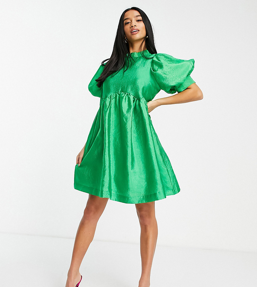 Pieces Petite Volume Sleeve Taffetta Mini Dress In Bright Green