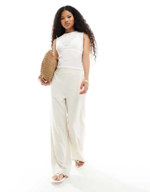 Pieces Petite wide leg linen pants in cream, 3 of 5
