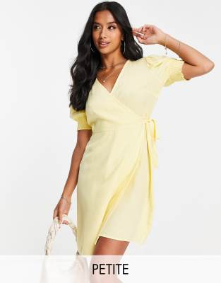 Pieces Petite Wrap Mini Dress In Yellow