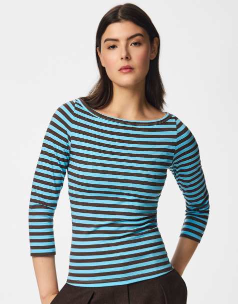 Pieces Phoebe gestreepte slim-fit top met boothals en driekwartmouwen in turkoois - view 1