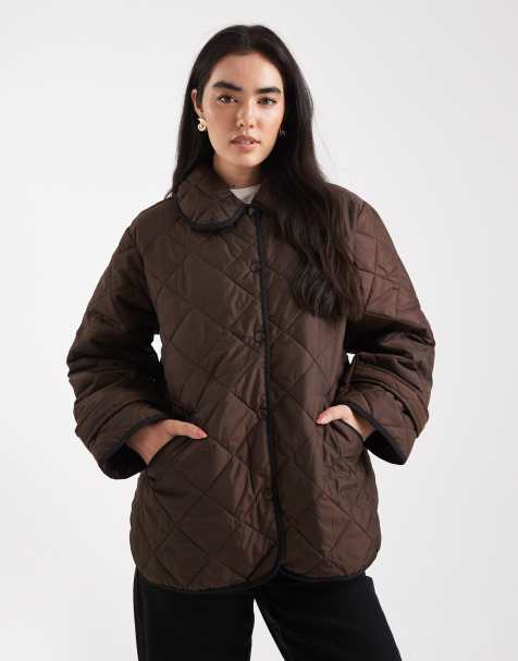 Pieces quilted jacket with collar detail in chocolate brown
