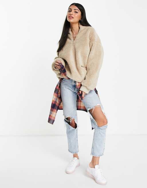 Pieces - Pile borg beige con collo a zip