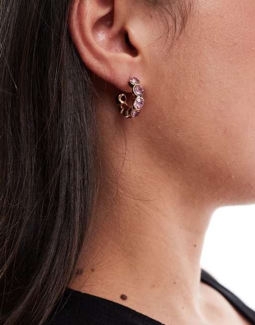 Gold Plated Pink Stone Hoop Earrings Swarovski Stone Hoop Pierced