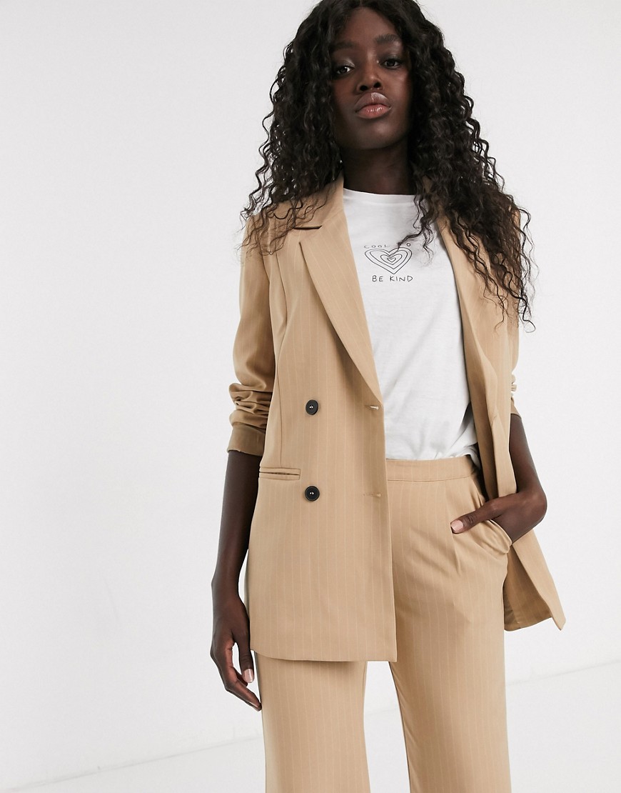 Pieces pinstripe double breasted blazer-Tan