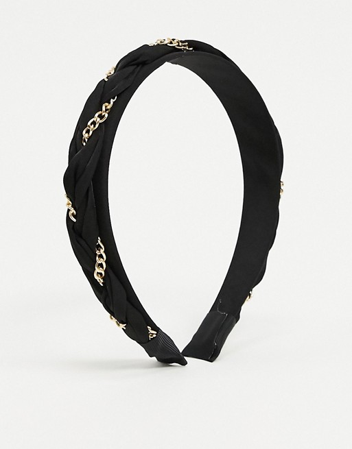 Pieces plaited headband with gold chain detail in black