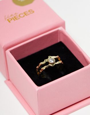 Pieces plated gift boxed molted metal ring with single diamante in gold