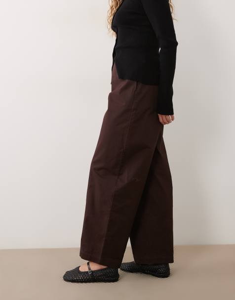Pieces pleated cotton barrel leg pants in chocolate plum - view 1