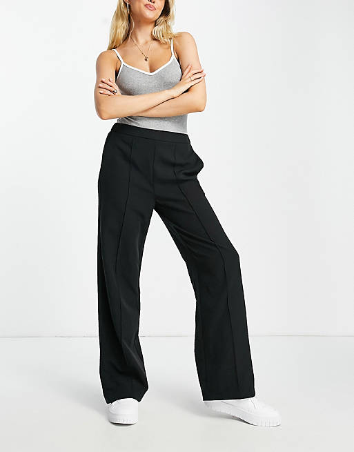 Pieces pleated detail wide leg tailored trousers in black