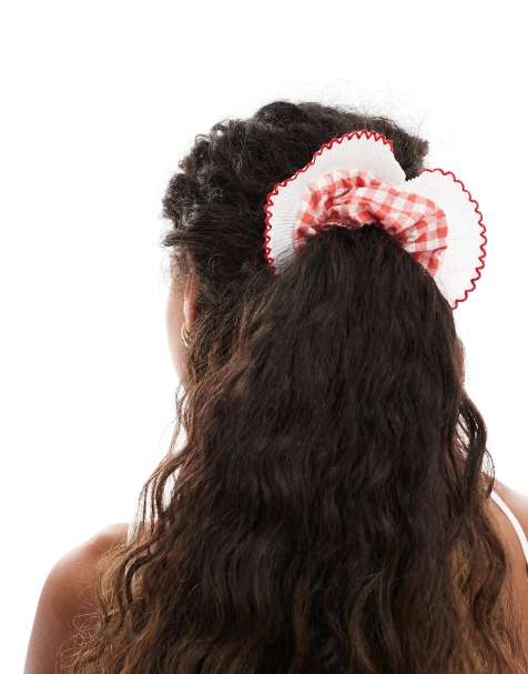 Pieces pleated gingham XL scrunchie in red and white - view 1