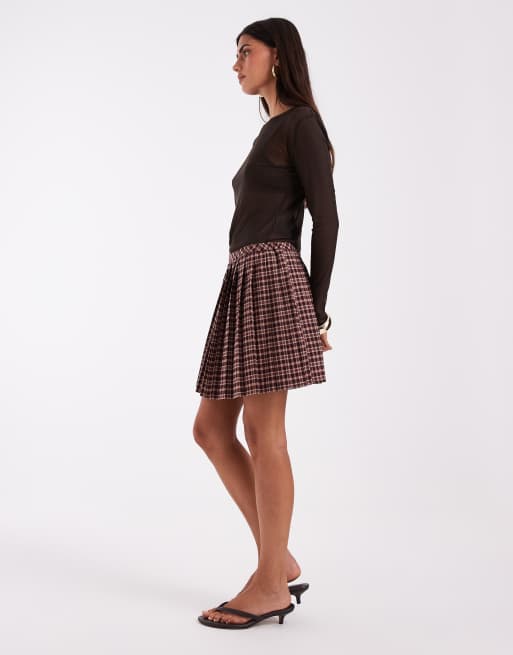 Pieces pleated mini skirt in brown and burgundy check, 2 of 5