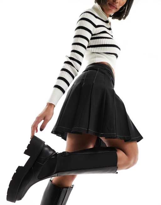 Pieces pleated mini skirt with contrast stitch in black ASOS