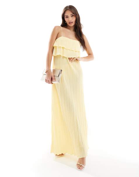 Pieces – Plisowana cytrynowa sukienka na ramiączkach z warstwowymi falbankami - view 1