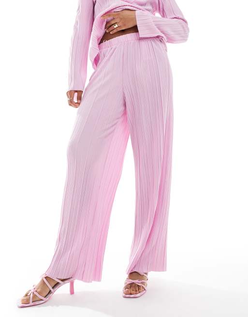 Pieces - Plissé broek met wijde pijpen in lichtroze, deel van co-ord set, 2 van 5