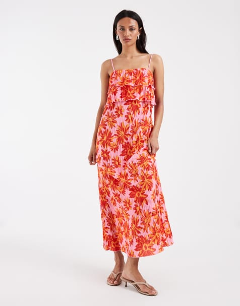 Pieces plisse cami dress with tiered ruffle top detail in bold floral print - view 1