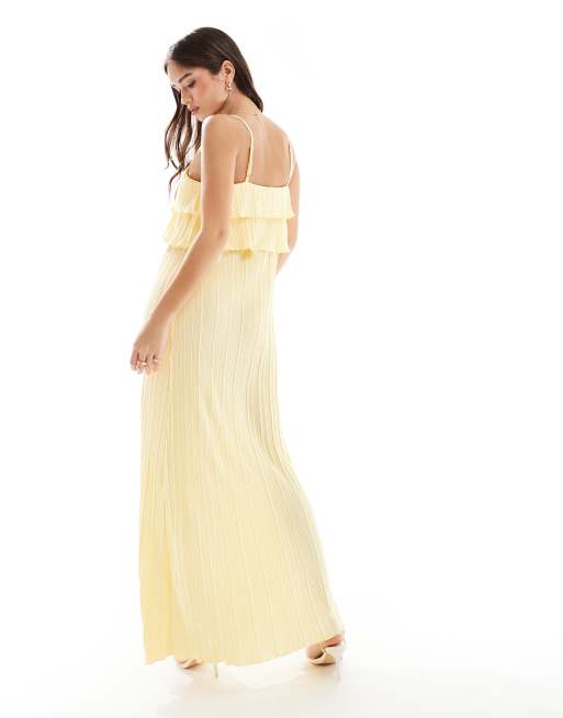 Pieces plisse cami dress with tiered ruffle top detail in lemon