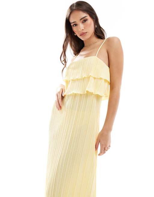 Pieces plisse cami dress with tiered ruffle top detail in lemon