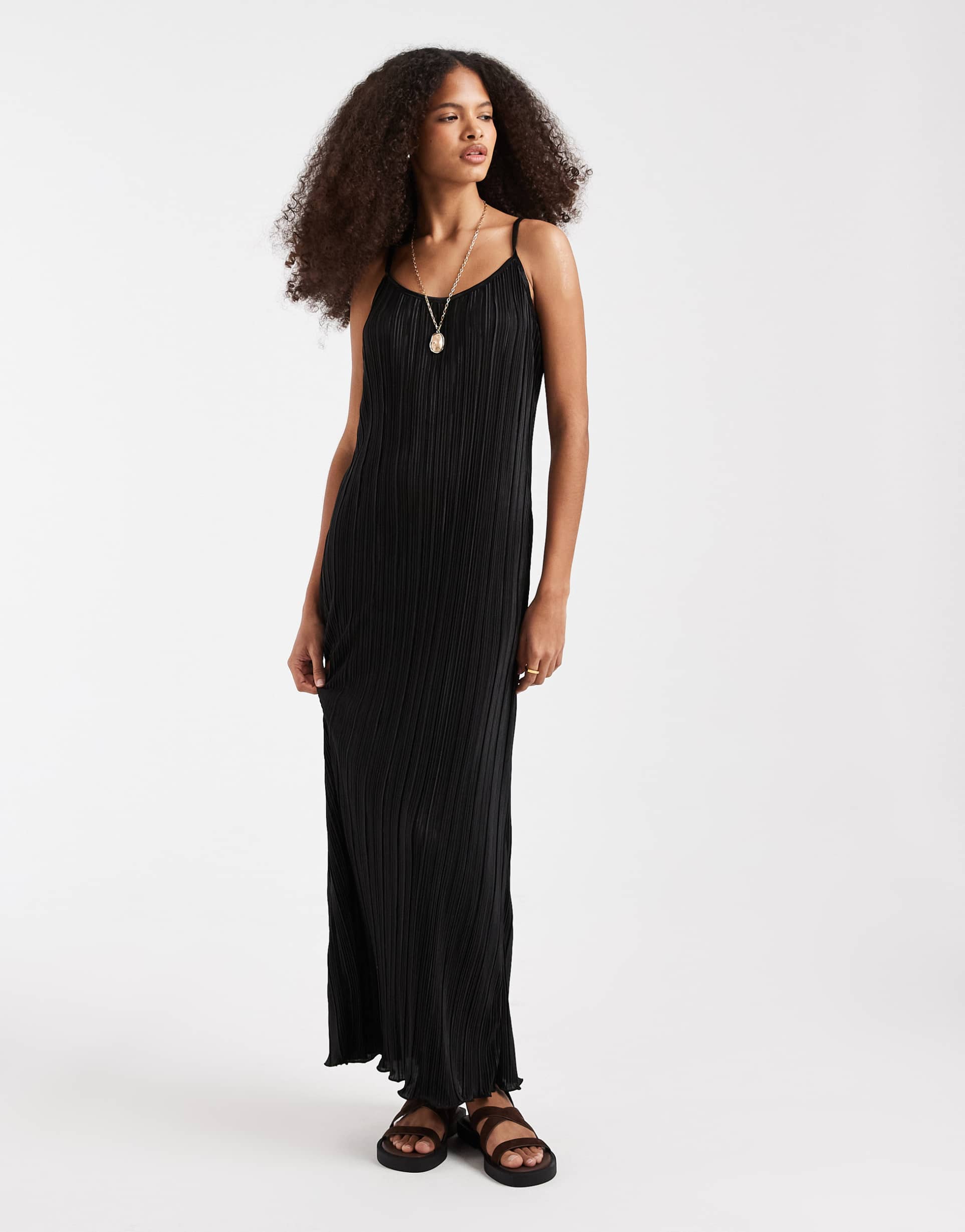 pieces plisse cami maxi dress in black