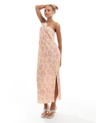 plisse cami midi dress in orange and pink floral print-Multi